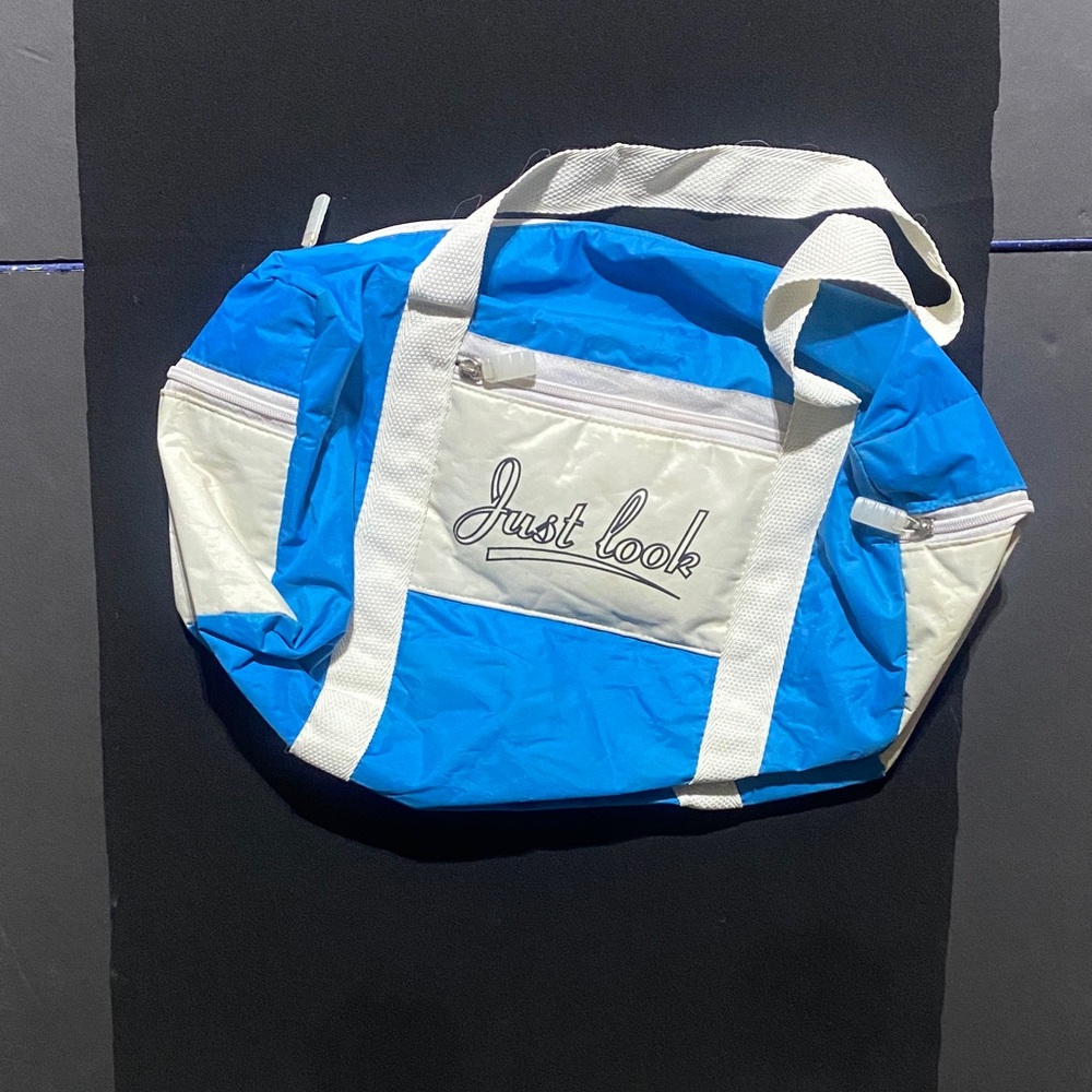 Blue and White Duffel Bag